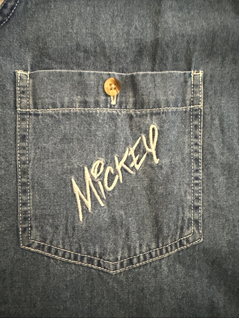 Mickey Unlimited Disney Denim Sleeveless Button-Down Cotton Embroidered Shirt - Picture 9 of 11